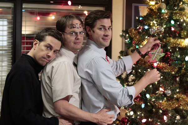 THE OFFICE -- Christmas Wishes Episode 810 -- Pictured: (l-r) Ed Helms as Andy Bernard, Rainn Wilson as Dwight Schrute, John Krasinski as Jim Halpert